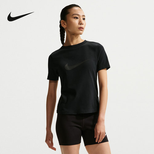 NIKE耐克女T恤黑色夏季新款修身短款透气大勾短袖上衣IO1517-010