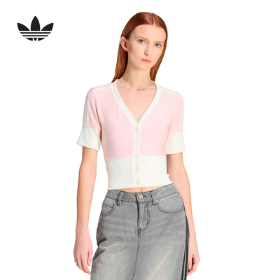 adidas阿迪达斯三叶草优雅纽扣修身T恤26春女短袖V领衬衫 KW4541