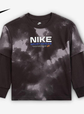 Nike耐克男女幼童印花上衣秋新款宽松假两件长袖套头衫IO2759-070