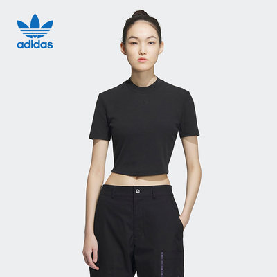 Adidas阿迪达斯三叶草女夏季新款运动修身黑色短款短袖T恤IP1788