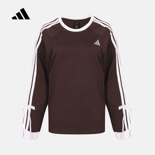 adidas阿迪达斯三条纹长袖美拉德棕色2026秋蝴蝶结细节T恤 LH4830