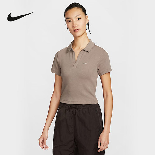NIKE耐克女T恤短袖2025夏休闲运动小V领短款翻领POLO衫DV7885-214