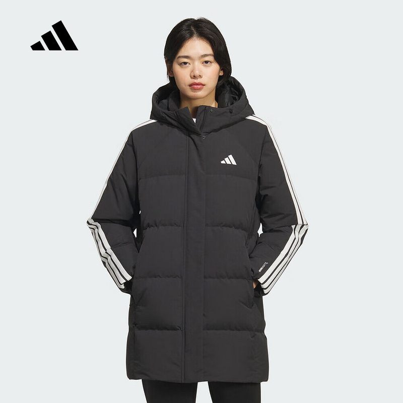 adidas阿迪达斯三条纹中长款鸭绒连帽羽绒服2025冬装女外套KC2486