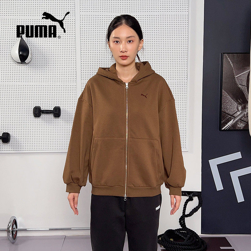 PUMA彪马双向拉链连帽夹克2025冬女简约纯色针织外套 636312-85