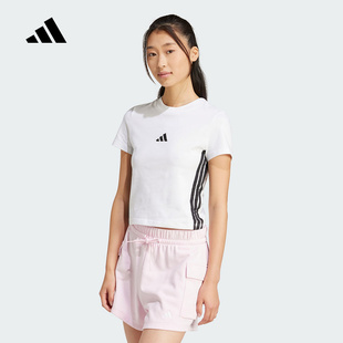 adidas阿迪达斯BABY T恤三条纹半截袖2026春女短款修身短袖JE1239