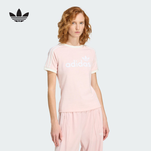 adidas阿迪达斯三叶草2026秋女撞色条纹修身运动短袖T恤 KS9293
