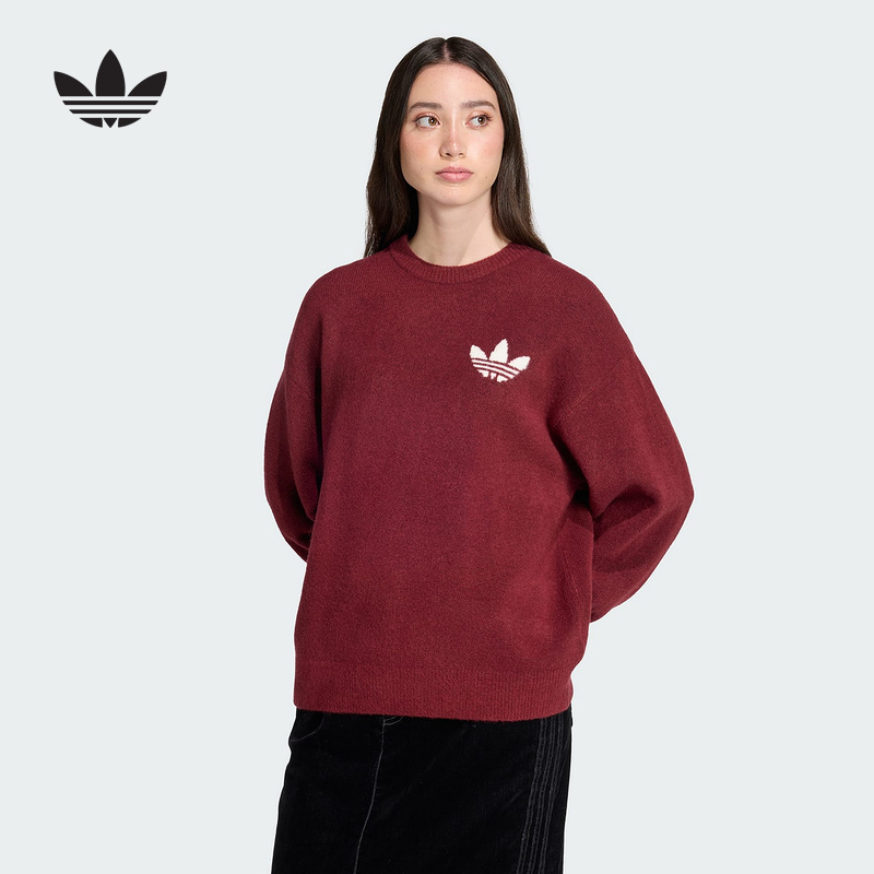 adidas阿迪达斯三叶草红色毛衣运动套头卫衣冬保暖女针织衫KF2537