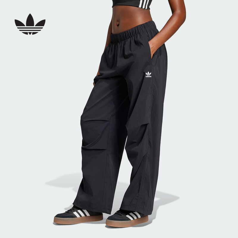 adidas阿迪达斯三叶草工装裤2025夏女抽绳收腿捏褶梭织长裤JD0785