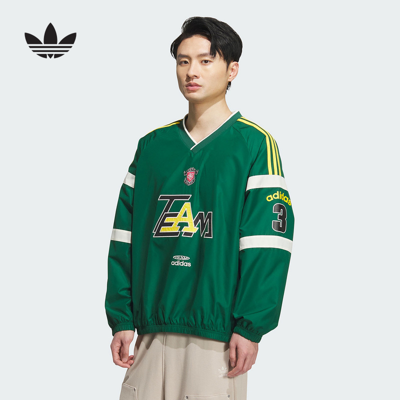 adidas阿迪达斯三叶草V领球衣2025冬男宽松长袖套头运动衫 KC0113