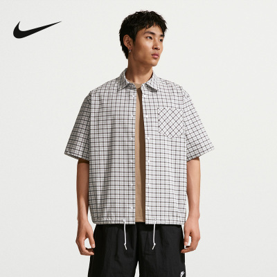 NIKE耐克男短袖运动T恤夏宽松休闲透气格子纹翻领衬衫IR7577-009