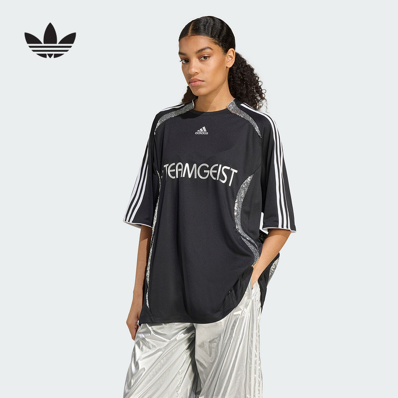 adidas阿迪达斯三叶草金属色印花足球衫25秋女短袖T恤球衣KE9792