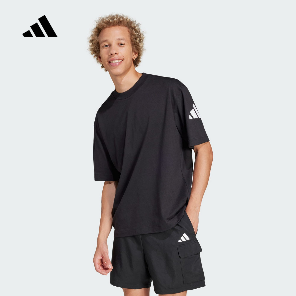 adidas阿迪达斯黑色基础款运动半截袖2025夏男短袖T恤上衣 JF3615