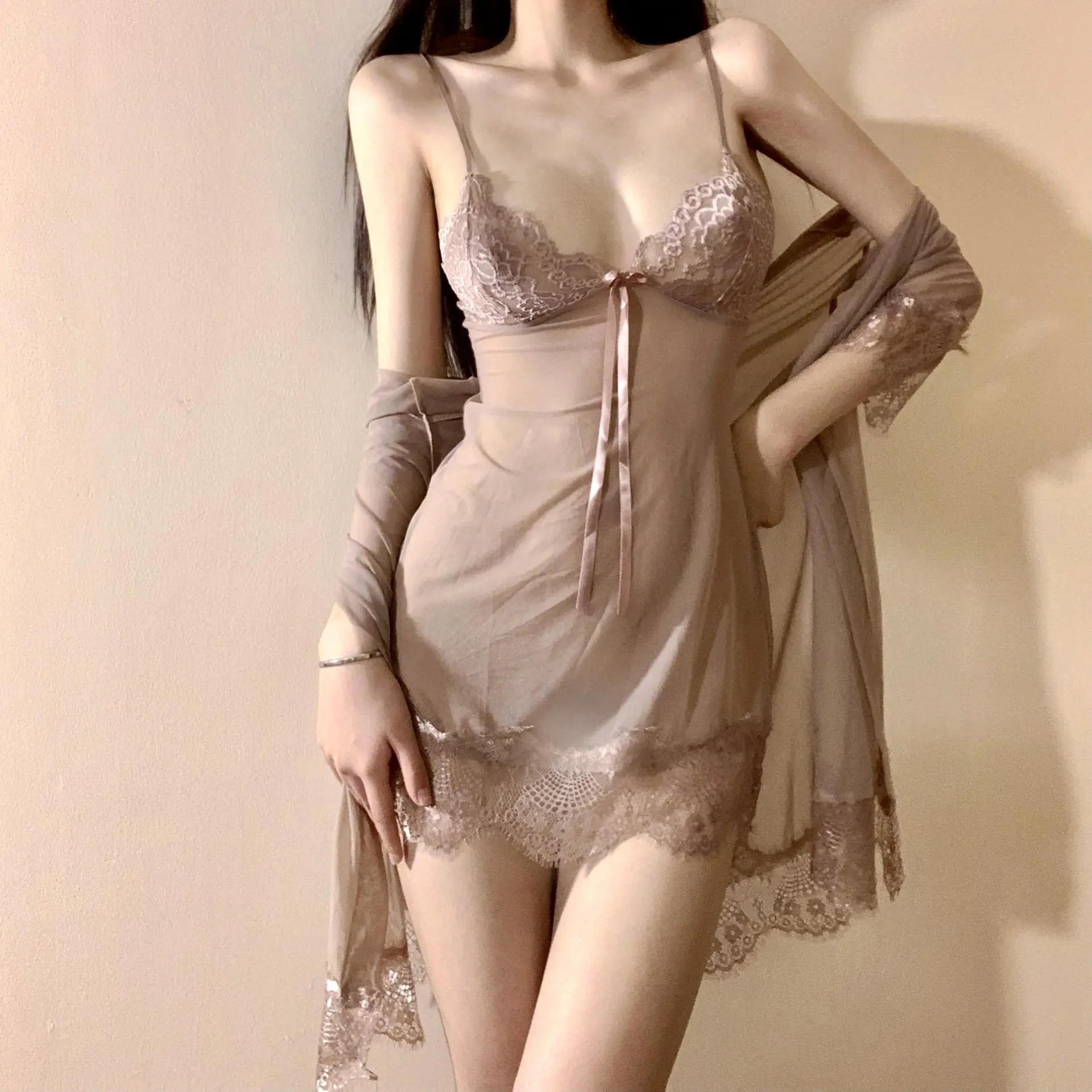 2025新款女林林婷纯欲风睡衣套装女夏蕾丝吊带睡裙薄款家居服套装