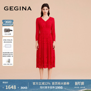 中长款 GEGINA吉吉娜红色喜庆蕾丝高腰V领长袖 束腰连衣裙 蕾丝
