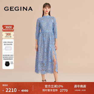 蓝色绣花蕾丝连衣裙女气质中长款 GEGINA吉吉娜新款 女裙子 蕾丝