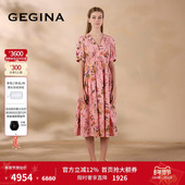 V领印花连衣裙高级仙气度假裙 新品 亚麻 GEGINA吉吉娜2025春夏季