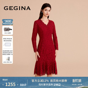 重工蕾丝连衣裙女中长款 GEGINA吉吉娜新款 V领高腰裙 蕾丝