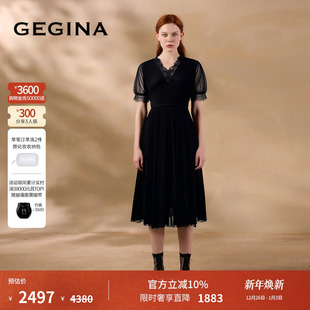 GEGINA吉吉娜早春季 V领收腰蕾丝连衣裙黑色显瘦设计感裙子女 新品