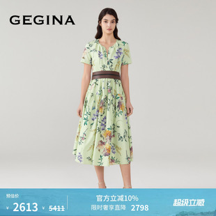 GEGINA吉吉娜春夏商场同款 V领印花连衣裙收腰气质感裙子 棉