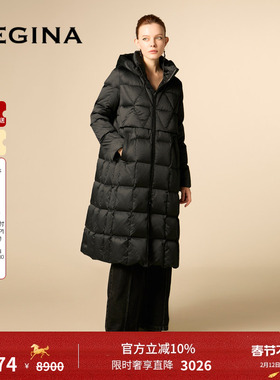 [云感鹅绒]GEGINA吉吉娜黑色保暖防风高端中长款加厚羽绒服外套