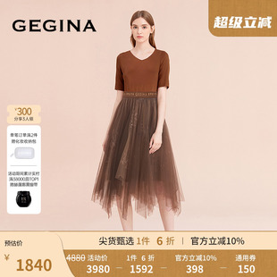 刺繡網紗拼接連衣裙優雅收腰短袖 不規則裙子 新品 GEGINA吉吉娜夏季