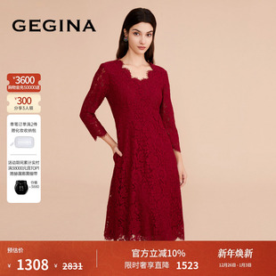 收腰绣花高端气质裙子 GEGINA吉吉娜重工蕾丝连衣裙中长款 蕾丝