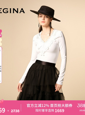 GEGINA吉吉娜秋冬季新品蕾丝拼接V领T恤修身百搭短款时髦上衣女