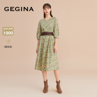 GEGINA吉吉娜新品 碎花连衣裙女中长款 100%棉 纯棉印花褶皱长裙