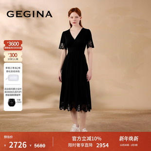 GEGINA吉吉娜早春季 V领收腰蕾丝连衣裙黑色显瘦设计感裙子女 新品