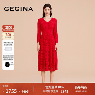 中长款 GEGINA吉吉娜红色喜庆蕾丝高腰V领长袖 束腰连衣裙 蕾丝
