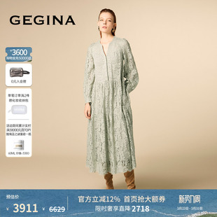 GEGINA吉吉娜女装 蕾丝连衣裙V领宽松显瘦长裙子女配腰带 高级法式