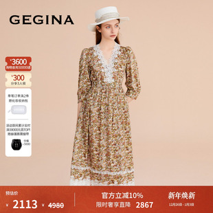 吉吉娜V领碎花Liberty塔那湖棉印花蕾丝拼接中长连衣裙 纯棉