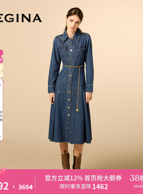 【纯棉】GEGINA吉吉娜收腰纯棉商城同款复古极简牛仔连衣裙中长款
