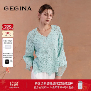 GEGINA吉吉娜2025秋冬季新品V领宽松蕾丝雪纺衫法式风优雅上衣女