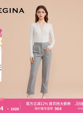 GEGINA吉吉娜早春季新品灰色直筒休闲裤女通勤百搭西装裤子