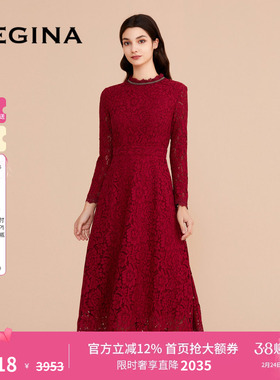 【蕾丝】GEGINA吉吉娜新款绣花礼服连衣裙女中长款圆领裙子