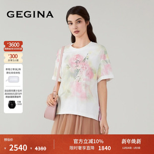 圆领印花T恤短袖 春夏新品 GEGINA吉吉娜女装 花卉百搭上衣 棉