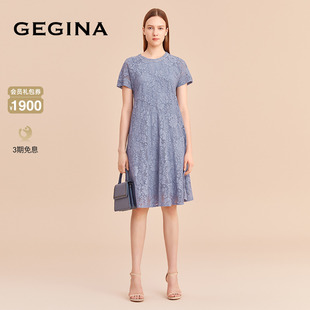 GEGINA吉吉娜新款 蓝色重工蕾丝连衣裙女中长款 蕾丝 绣花裙