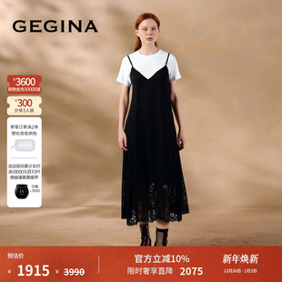 时髦显瘦中长款 两件套蕾丝连衣裙短袖 裙子 新品 GEGINA吉吉娜早春季