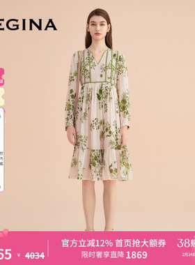 GEGINA吉吉娜商场同款长袖V领连衣裙中长款印花气质高级感裙子女