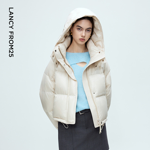 朗姿90白鹅绒宽松短款连帽羽绒服通勤风百搭外套女2025年冬季新款