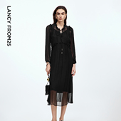 朗姿雪纺垂感连衣裙度假风高级感气质通勤褶皱长裙2025年秋季 新款