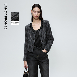 朗姿羊毛低圆领格纹小香风短外套设计感显瘦上衣女2025年冬季新款