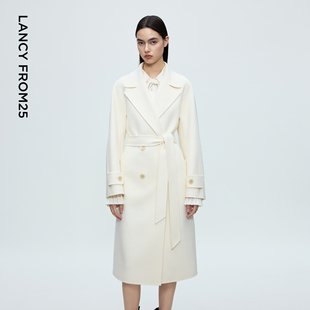 朗姿白色双排扣羊毛呢大衣外套优雅收腰呢大衣2025年冬季新款