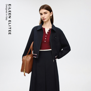 新款 朗姿欧洲EiLEEN ELITEE羊毛翻领短外套拉链撞色2025年秋季