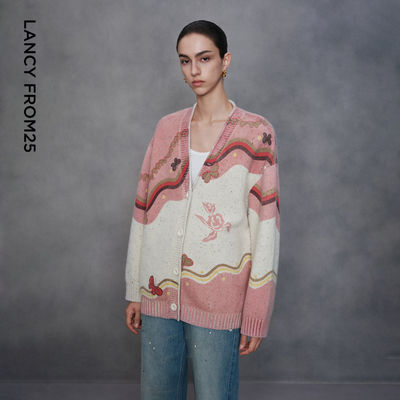 【艺术家联名】朗姿V领印花设计针织开衫慵懒毛衣2025年冬季新款