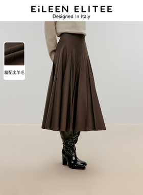 朗姿欧洲EiLEEN ELITEE2024年冬季新款高腰气质羊毛显瘦半身裙子