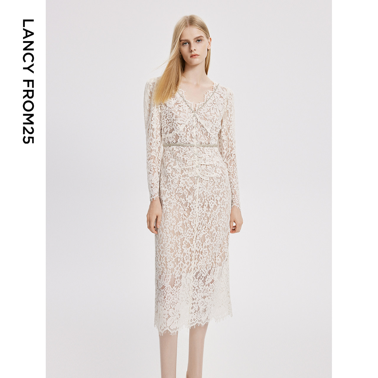 朗姿法式蕾丝v领气质高级感裙子春秋新款收腰显瘦连衣裙女礼服裙