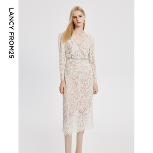 朗姿法式 收腰显瘦连衣裙女礼服裙 蕾丝v领气质高级感裙子春秋新款