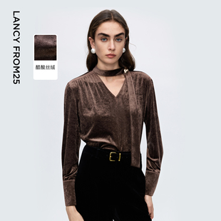 新款 2025年冬季 垂感通勤衬衫 朗姿醋酸丝绒V领复古老钱风上衣时尚